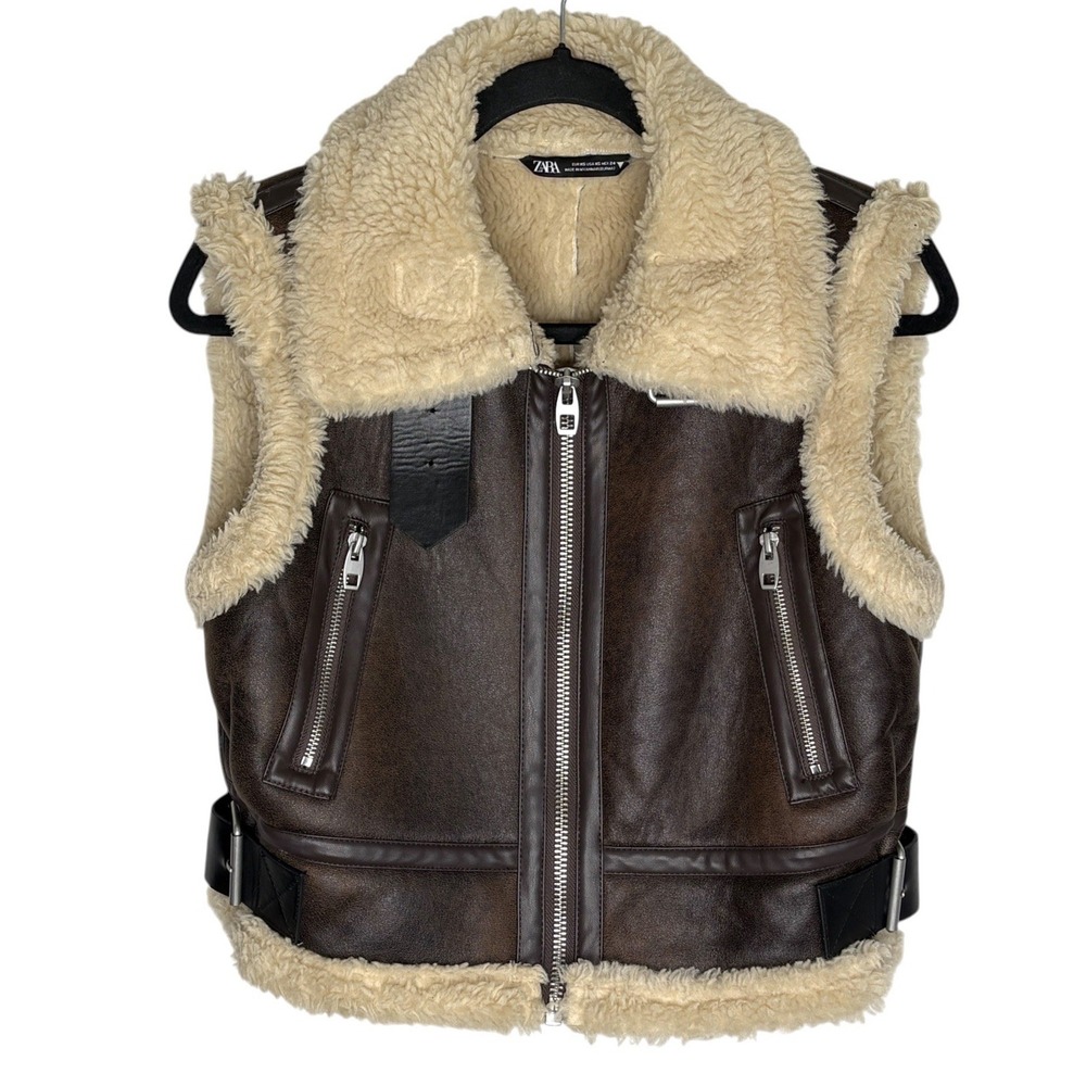 Zara Faux Leather Double Face Crop Shearling Vest XS Indie Moto Biker Grunge